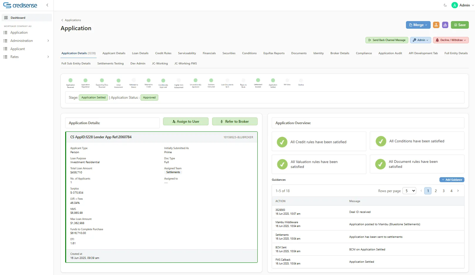 Credisense decisioning workspace, application with stage pipeline, details and rule checks